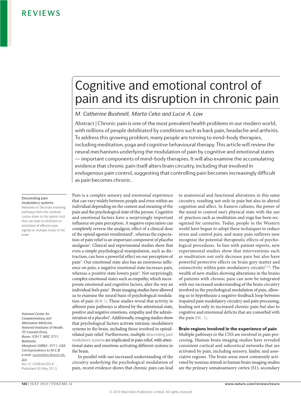 Cognitive and Emotional Control of Pain and Its Disruption in Chronic Pain