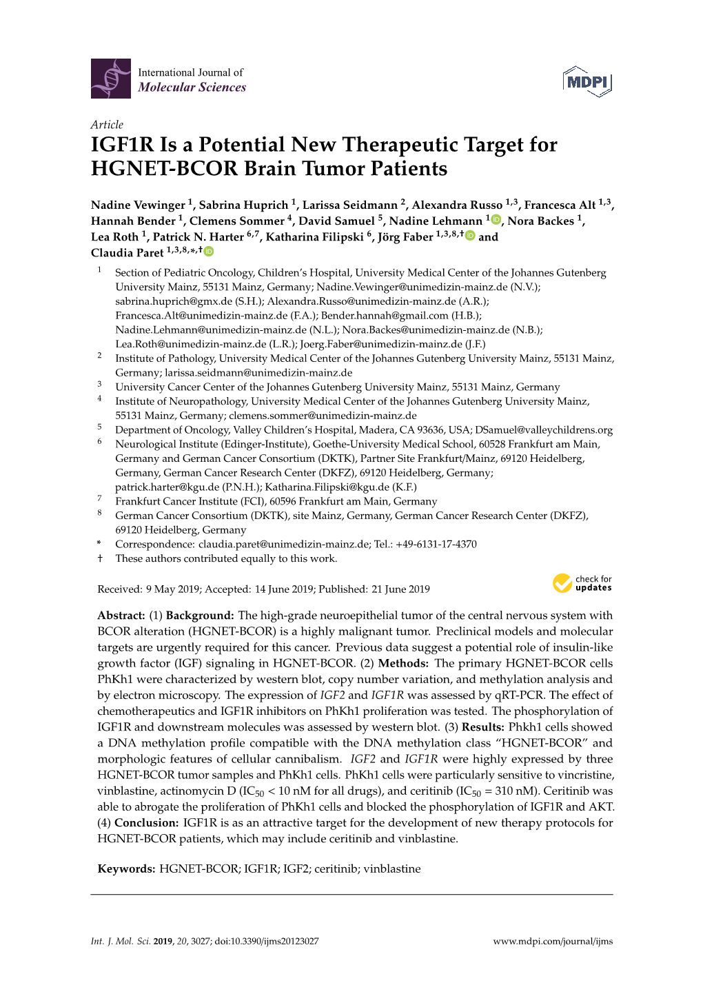IGF1R Is a Potential New Therapeutic Target for HGNET-BCOR Brain Tumor Patients