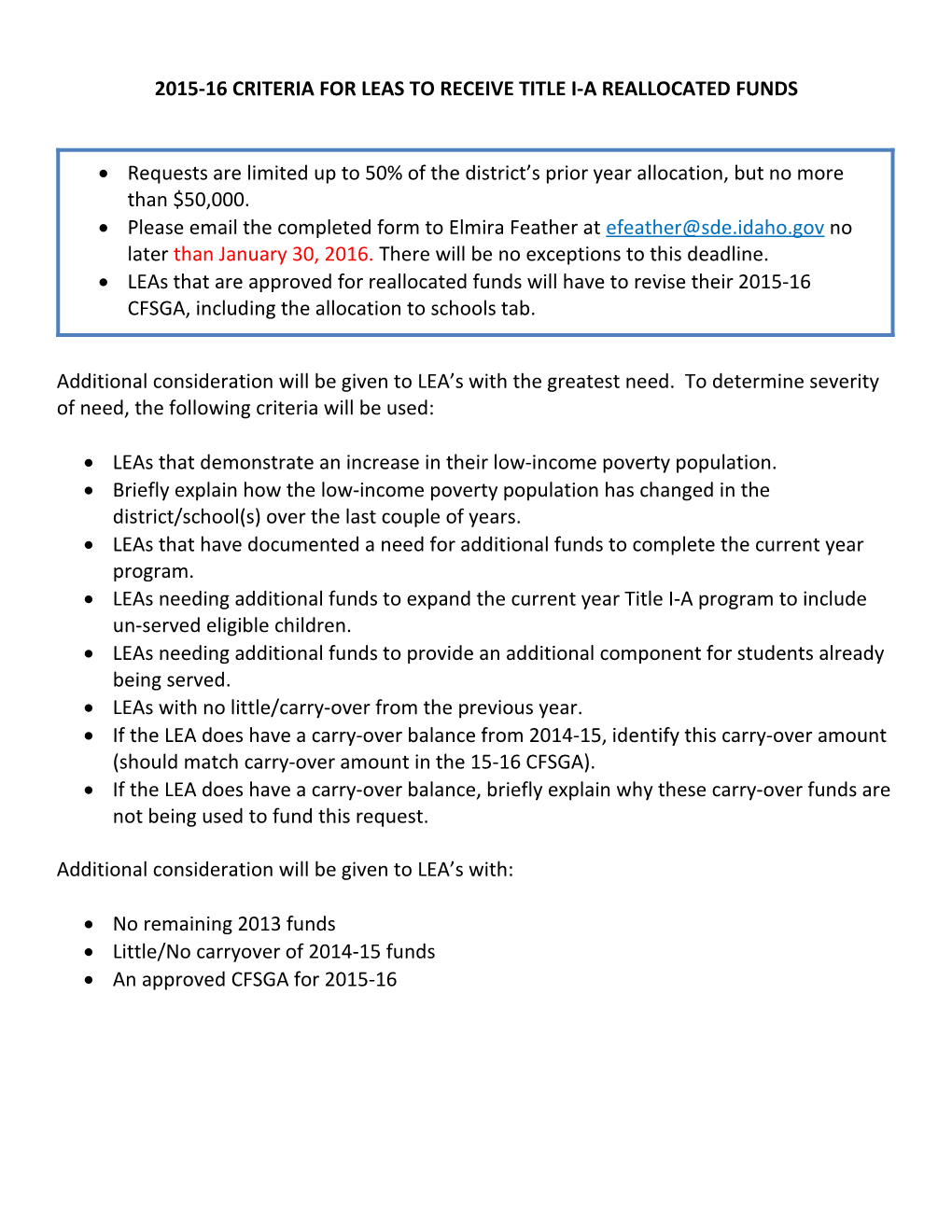 Criteria for Leas to Receive Title I-A Reallocated Funds