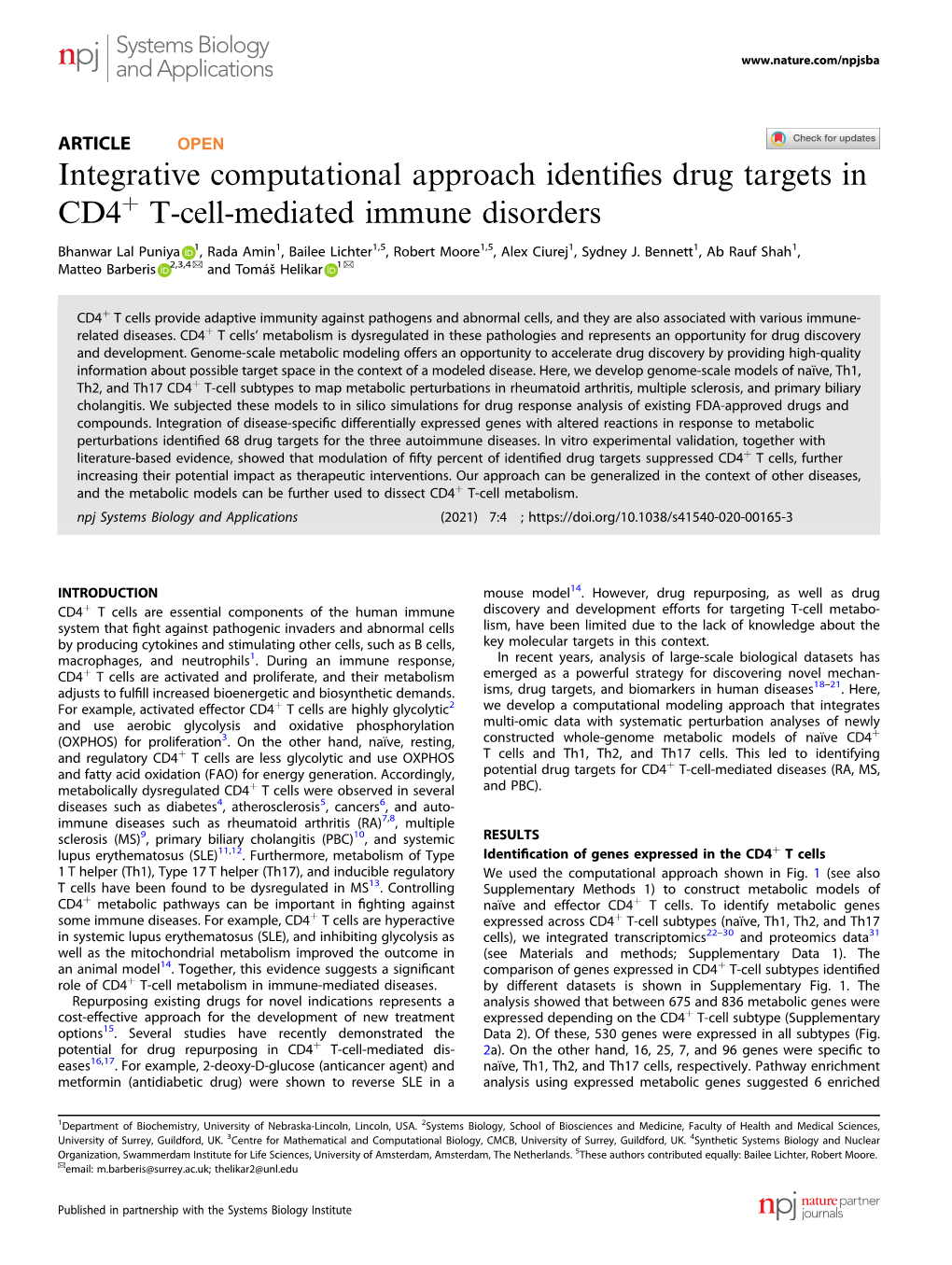 Integrative Computational Approach Identifies Drug Targets in CD4+ T