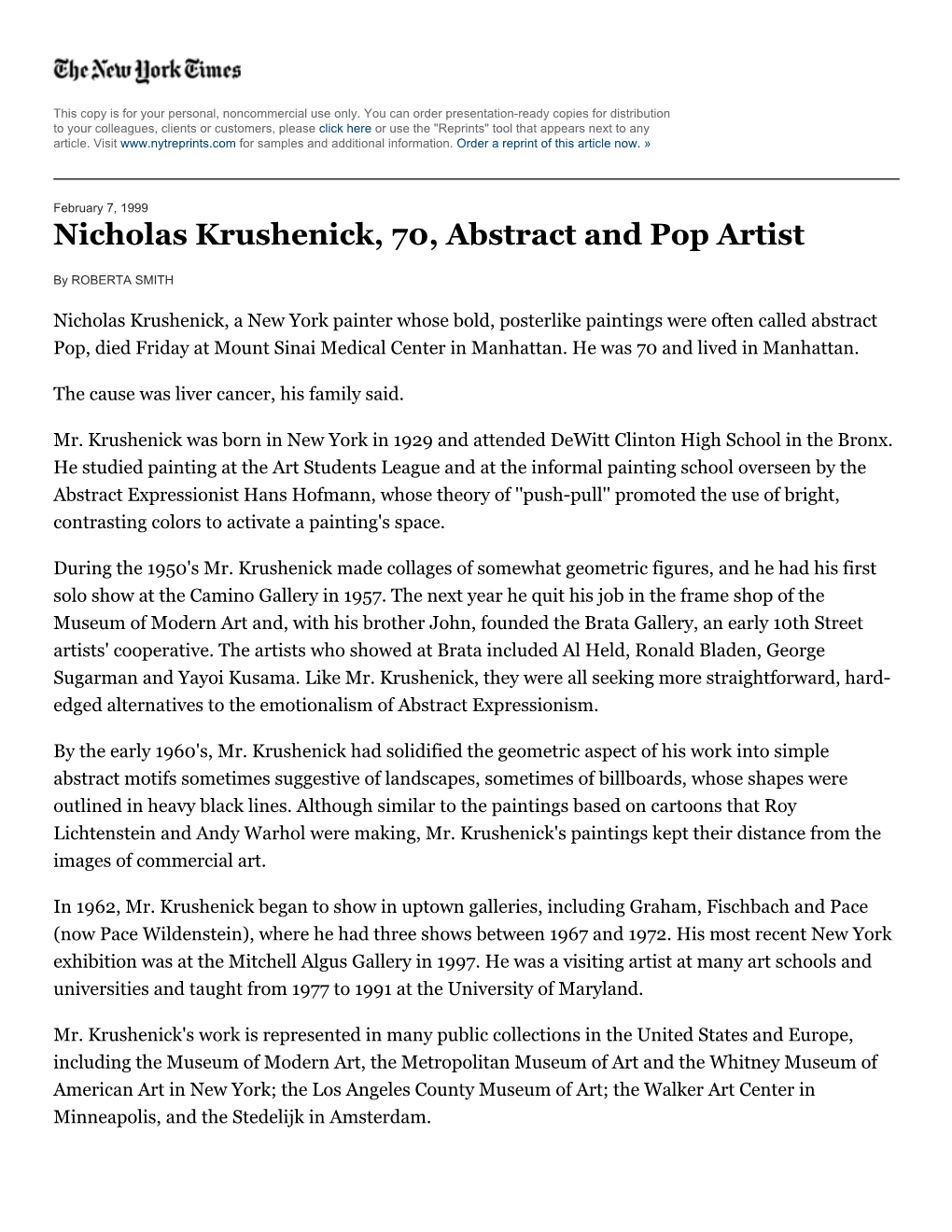 Nicholas Krushenick, 70, Abstract and Pop Artist