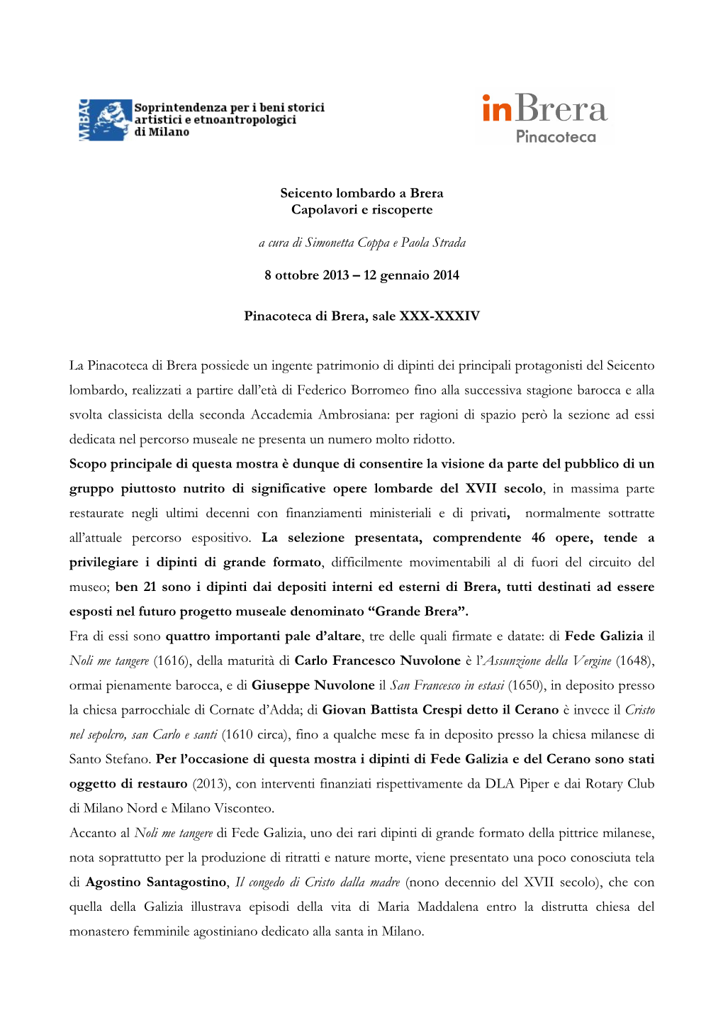 Dipinti Lombardi Del Seicento Dai Depositi Della Pinacoteca Di Brera