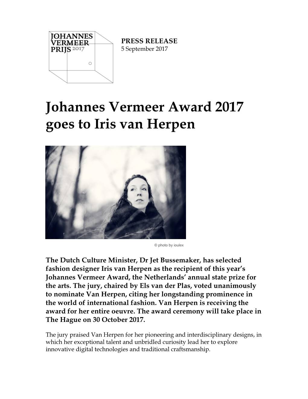 Press Release Johannes Vermeer Award 170905 Def