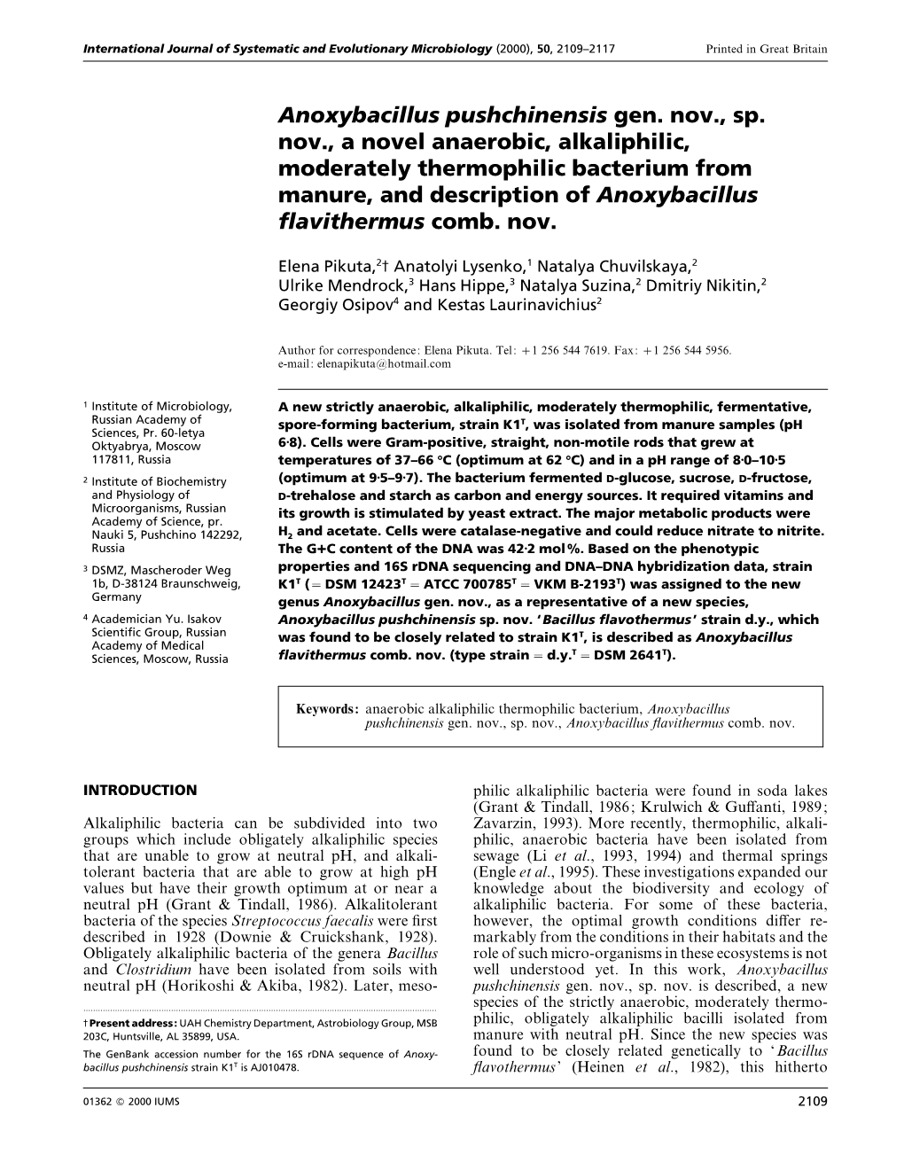 Anoxybacillus Pushchinensis Gen. Nov., Sp. Nov., A