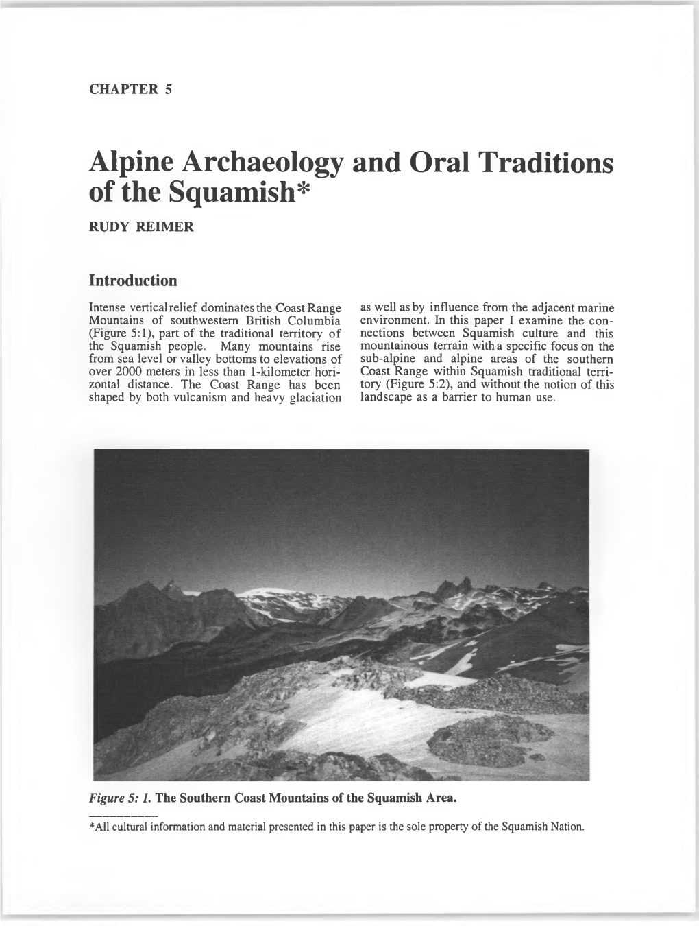 Alpine Archaeology of the Squamish* and Oral Traditions