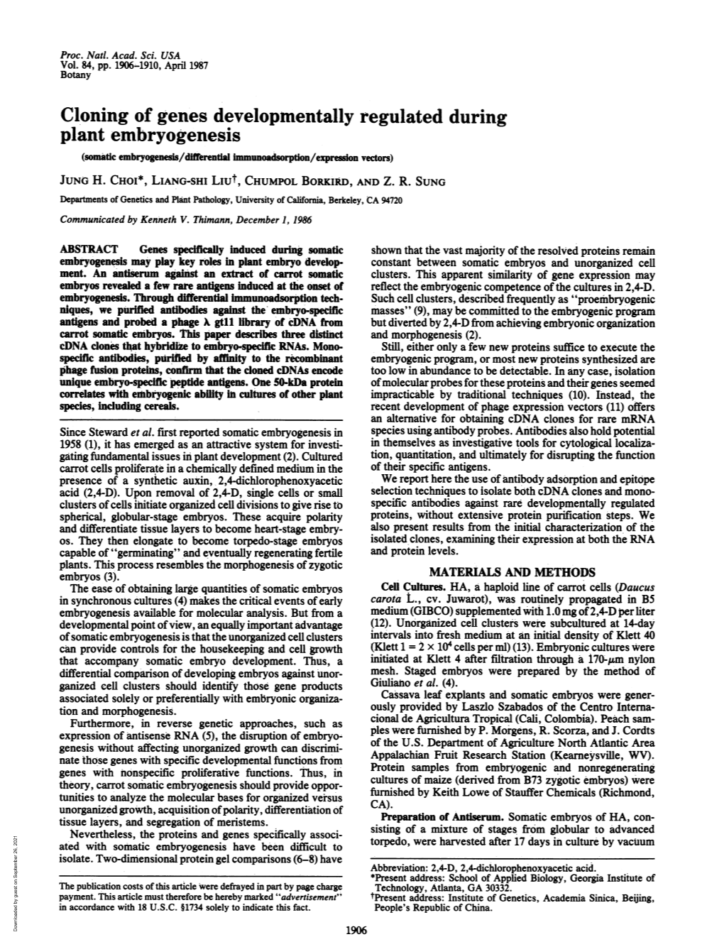 Cloning of Genes Developmentally Regulated During Plant Embryogenesis (Somatic Embryogeness/Differential Immunoadsorpon/Expression Vectors) JUNG H