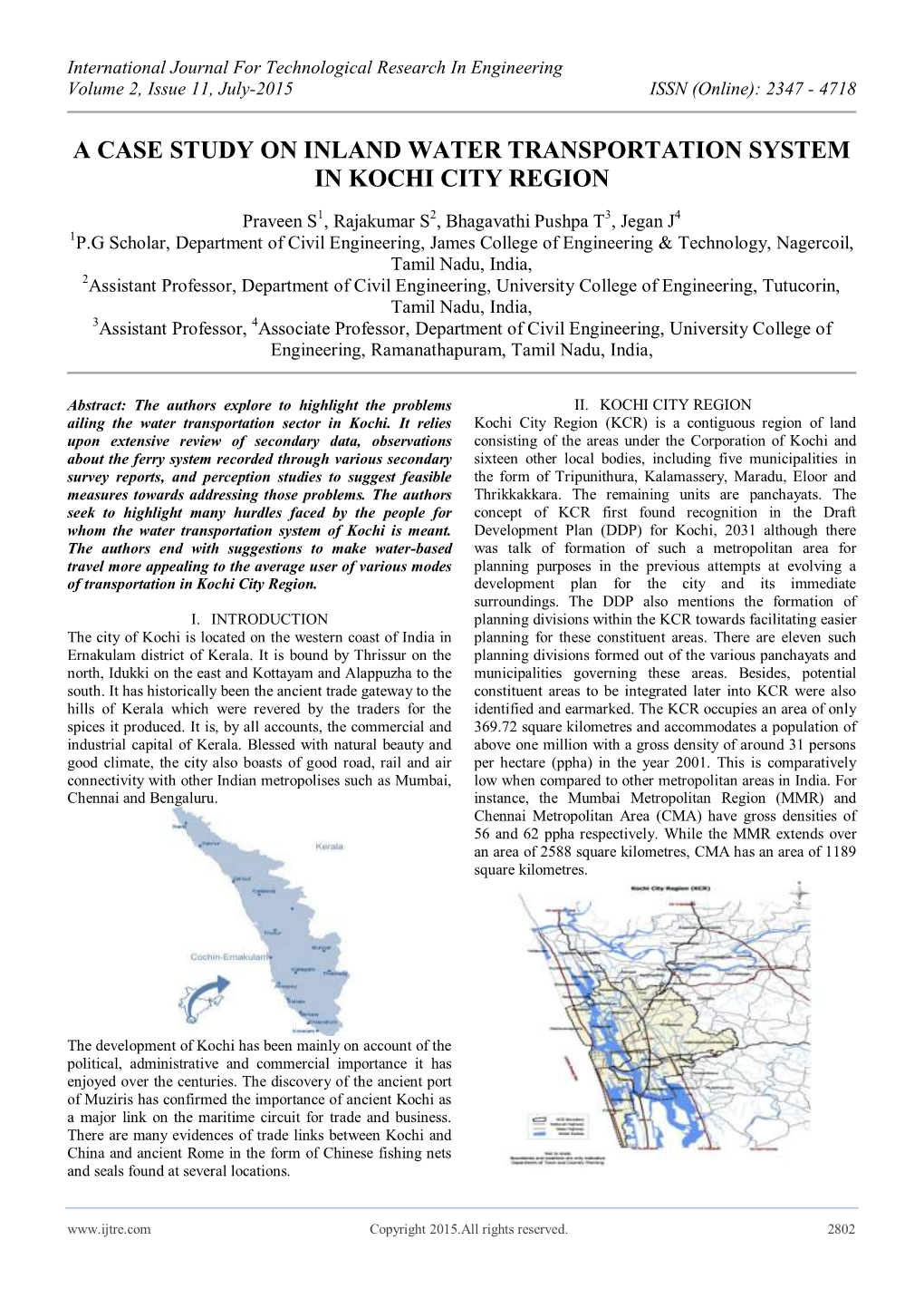 A Case Study on Inland Water Transportation System in Kochi City Region