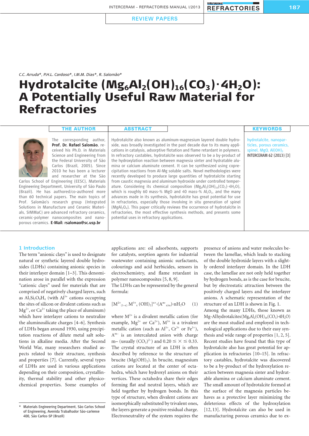 Hydrotalcite (Mg6al2(OH)16(CO3)·4H2O): a Potentially Useful Raw