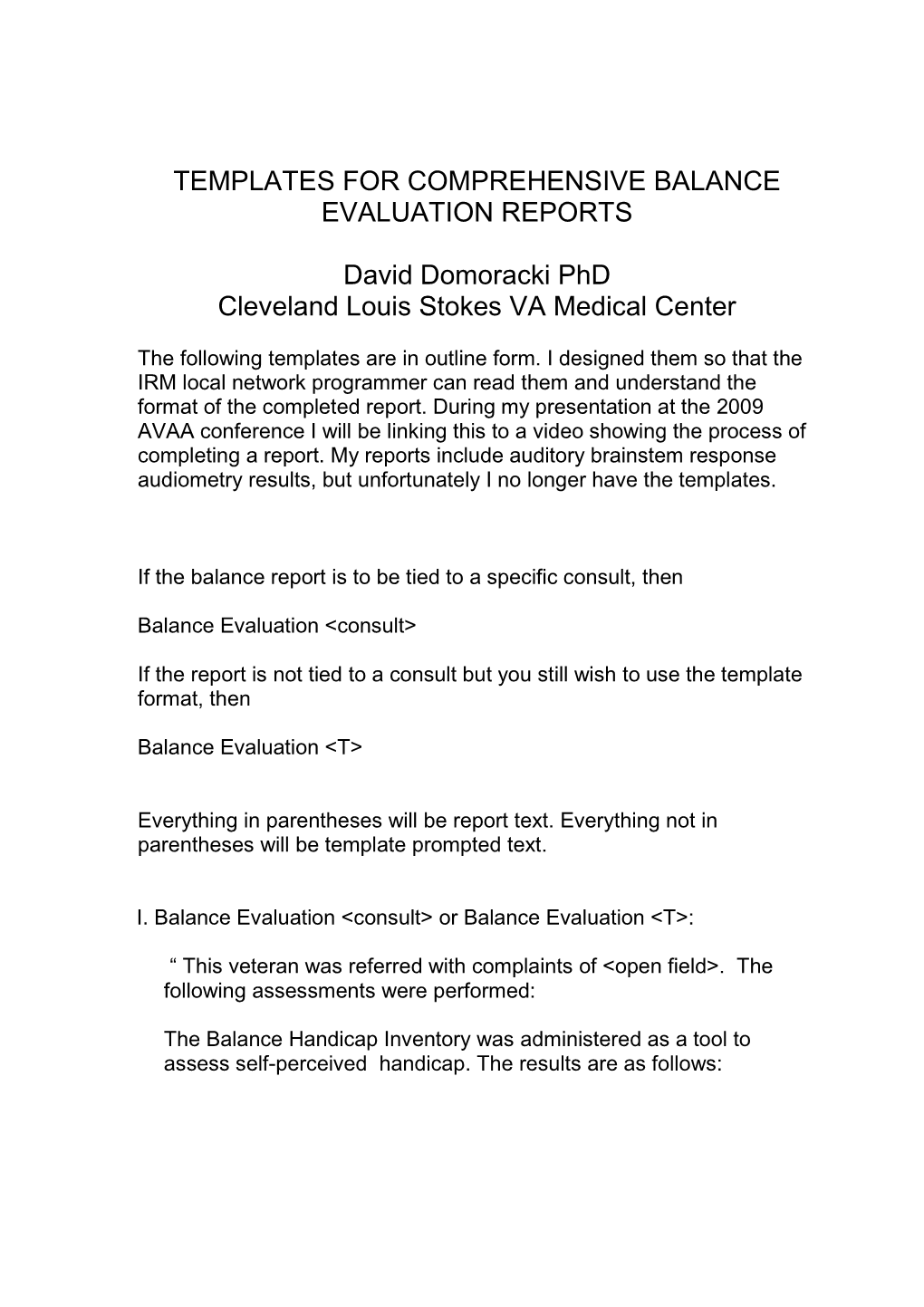 Templates for Comprehensive Balance Evaluation Reports