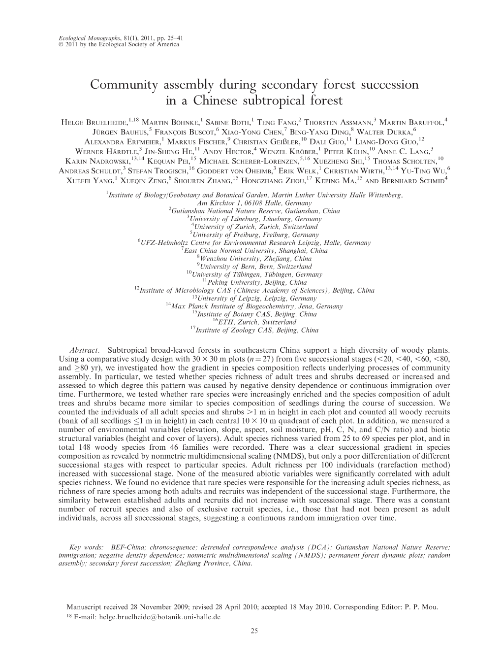 Community Assembly During Secondary Forest Succession in a Chinese Subtropical Forest