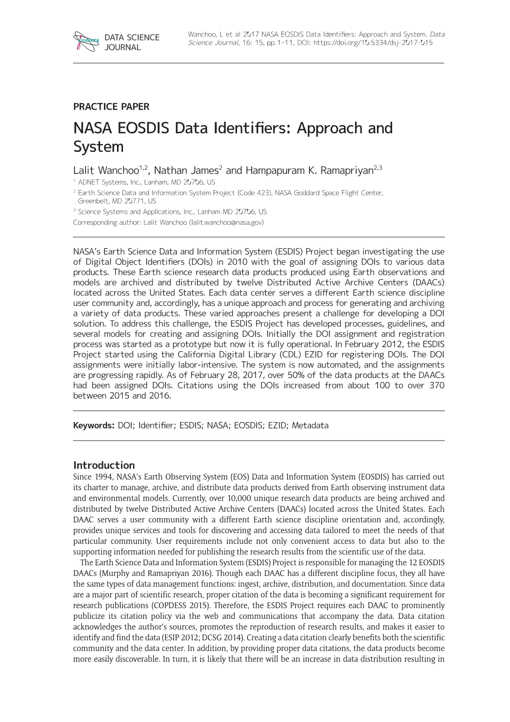 NASA EOSDIS Data Identifiers: Approach and System.Data CODATA '$7$6&,(1&( S Science Journal, 16: 15, Pp