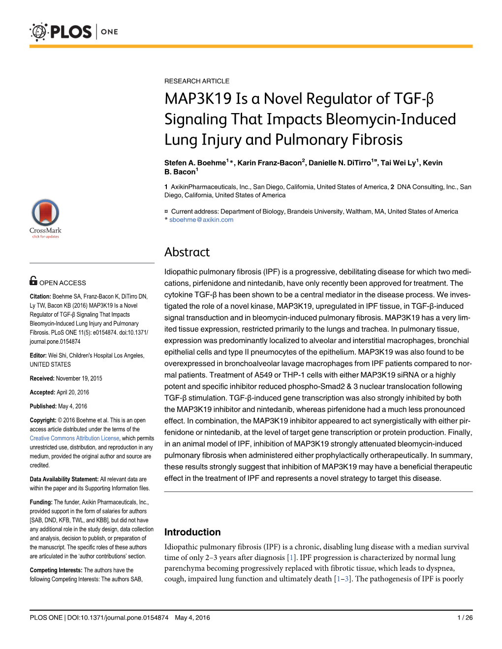 MAP3K19 Is a Novel Regulator of TGF-Β Signaling That Impacts Bleomycin-Induced Lung Injury and Pulmonary Fibrosis