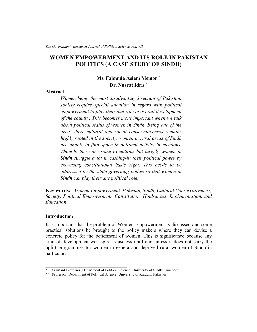 Women Empowerment and Its Role in Pakistan Politics (A Case Study of Sindh)