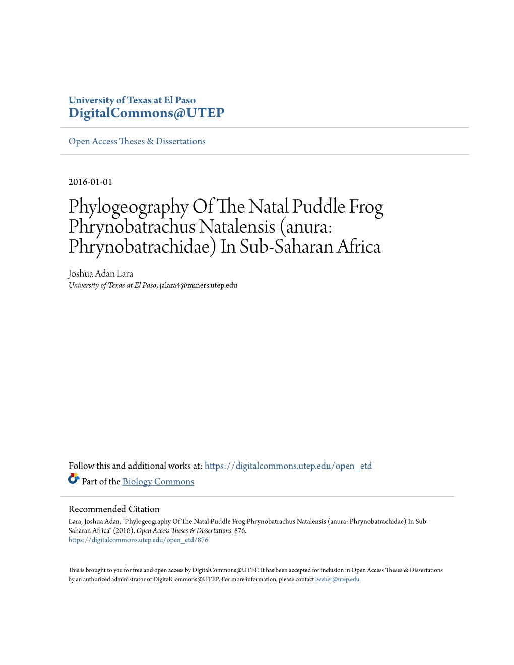 Phylogeography of the Natal Puddle Frog Phrynobatrachus Natalensis