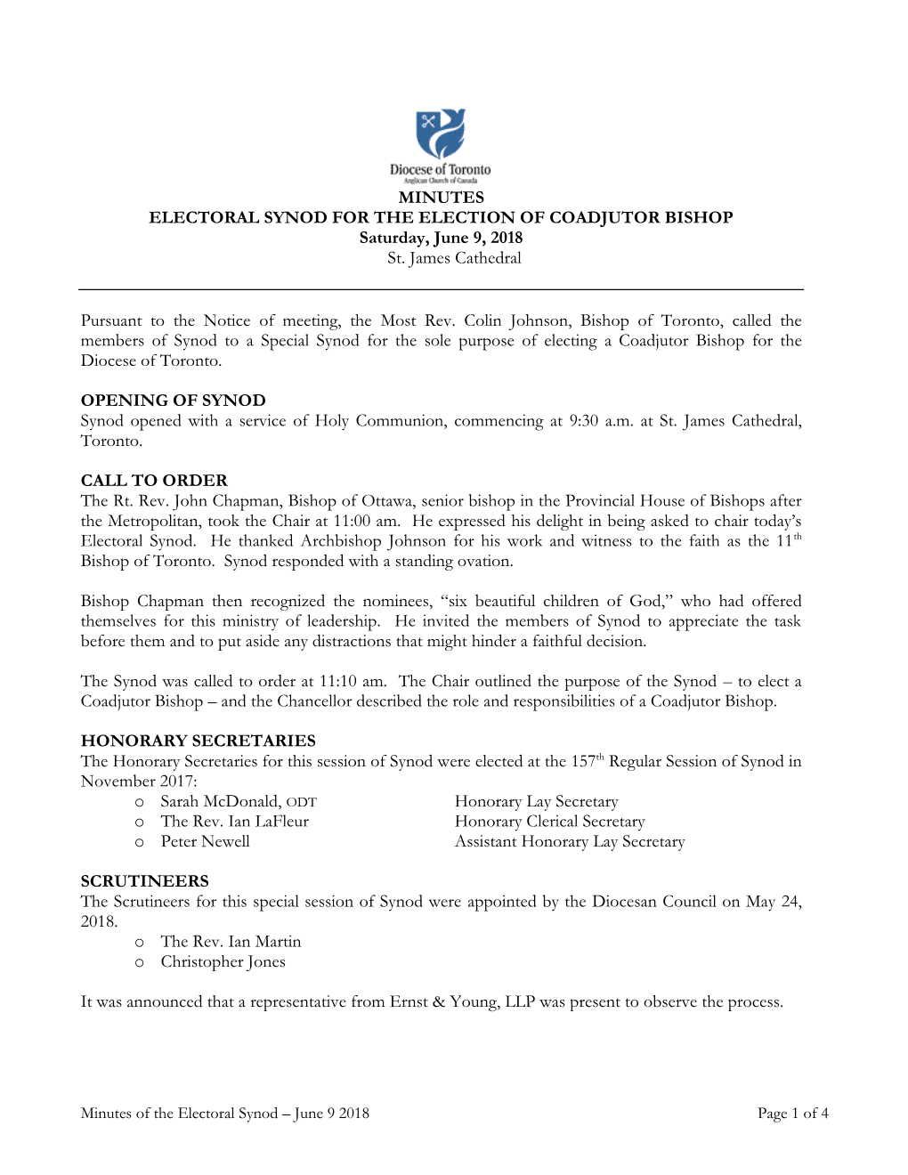 Minutes of the Electoral Synod – June 9 2018 Page 1 of 4 NOMINEES the Rt