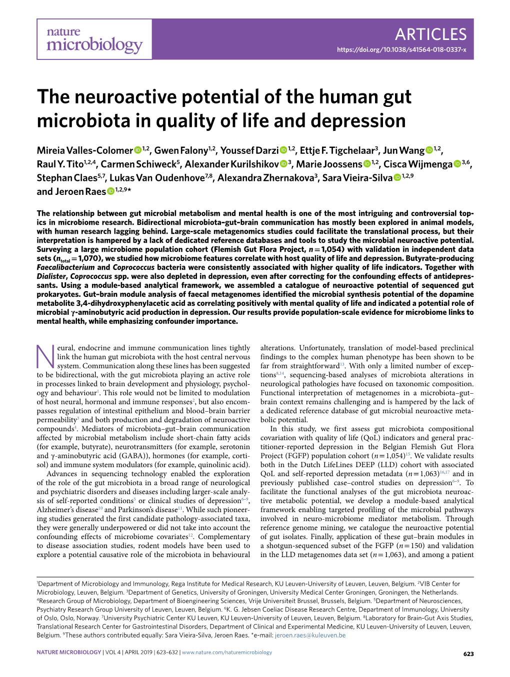 The Neuroactive Potential of the Human Gut Microbiota in Quality of Life and Depression