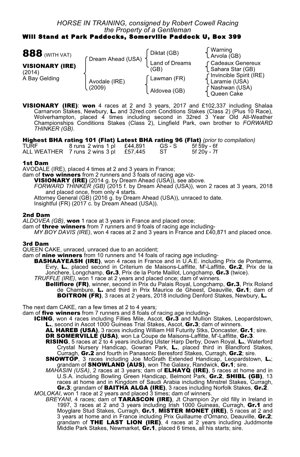 HORSE in TRAINING, Consigned by Robert Cowell Racing the Property of a Gentleman Will Stand at Park Paddocks, Somerville Paddock U, Box 399