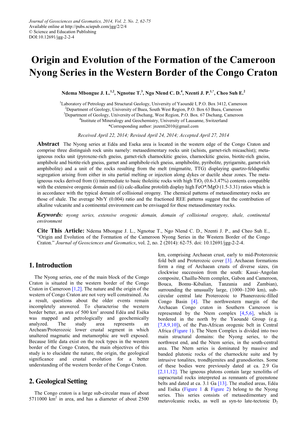 Origin and Evolution of the Formation of the Cameroon Nyong Series in the Western Border of the Congo Craton