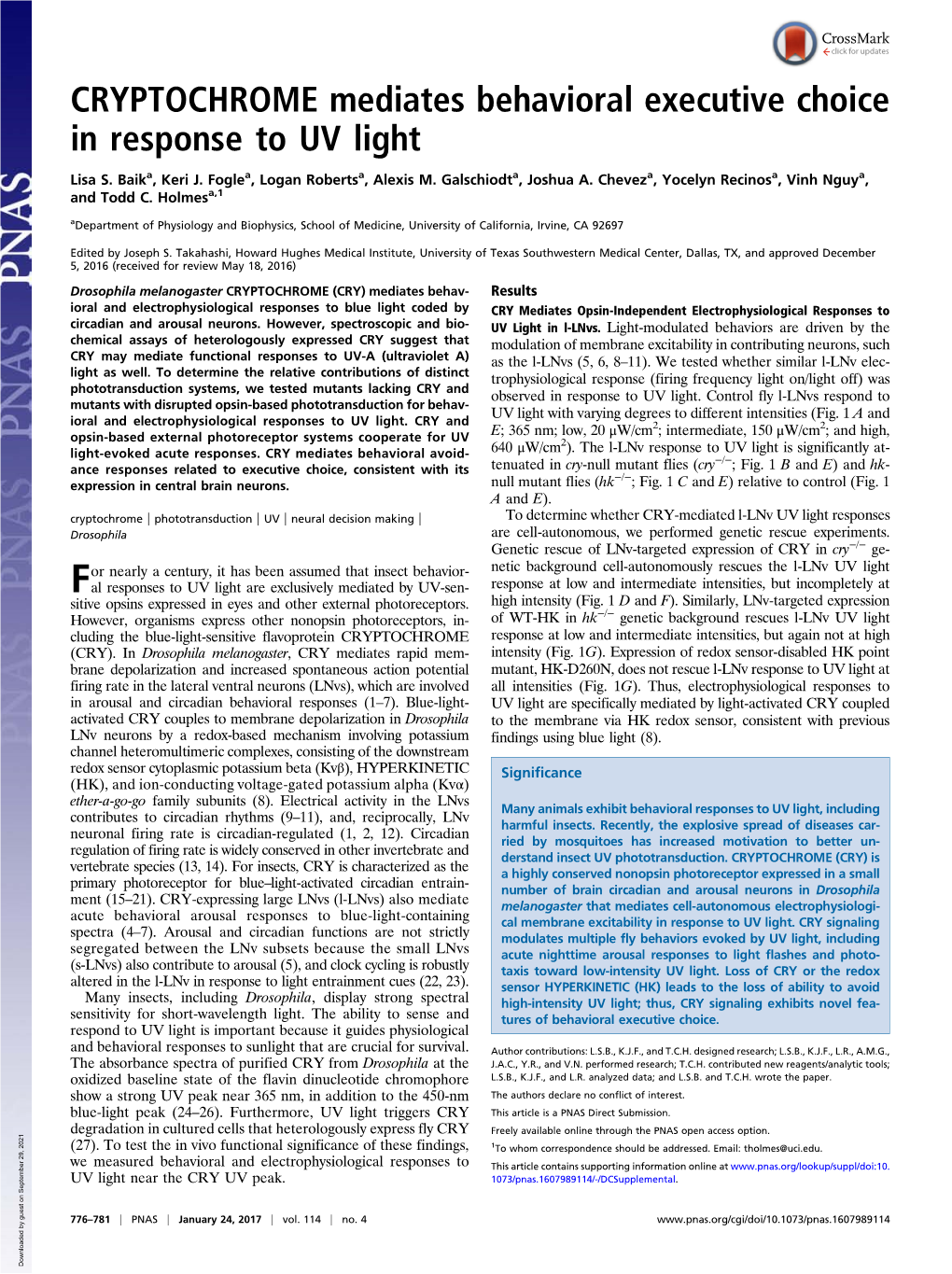 CRYPTOCHROME Mediates Behavioral Executive Choice in Response to UV Light