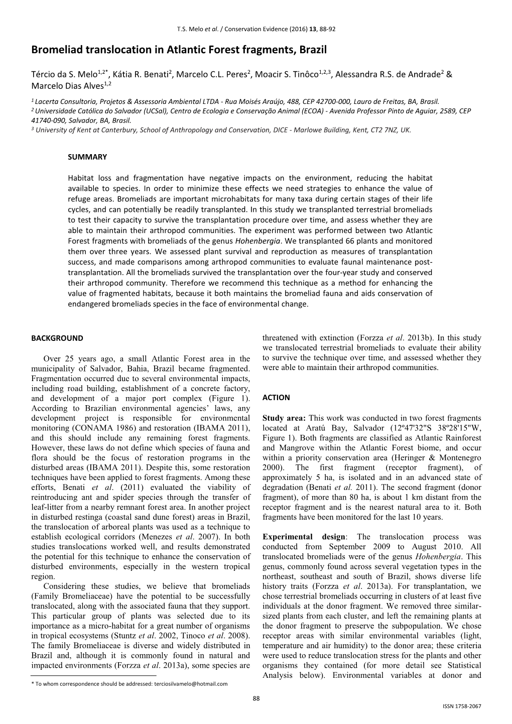 Bromeliad Translocation in Atlantic Forest Fragments, Brazil