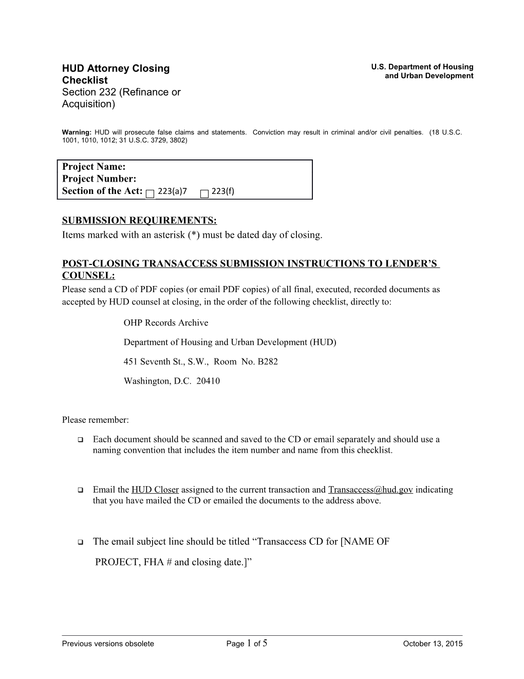 Post-Closing Transaccess Submission INSTRUCTIONS to LENDER S COUNSEL