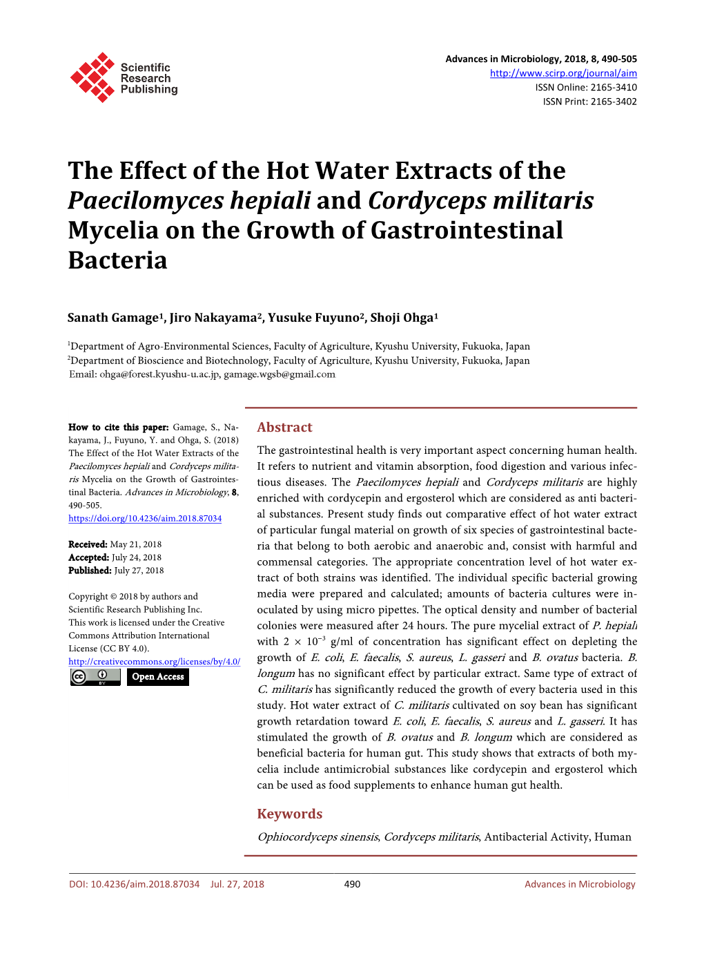 The Effect of the Hot Water Extracts of the Paecilomyces Hepiali and Cordyceps Militaris Mycelia on the Growth of Gastrointestinal Bacteria