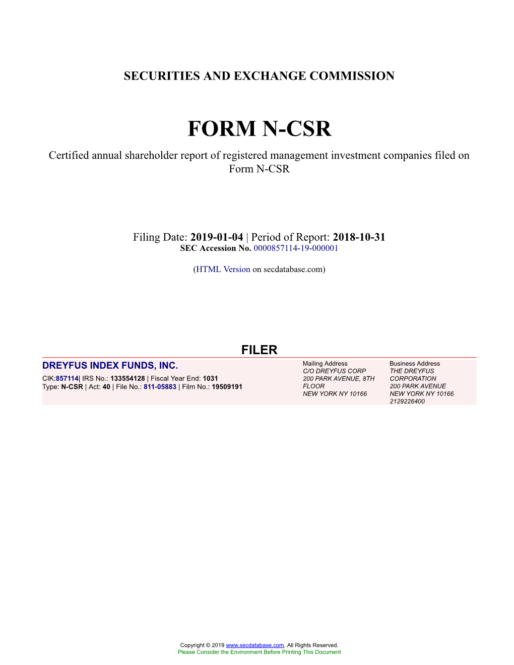 DREYFUS INDEX FUNDS, INC. Form N-CSR Filed 2019-01-04