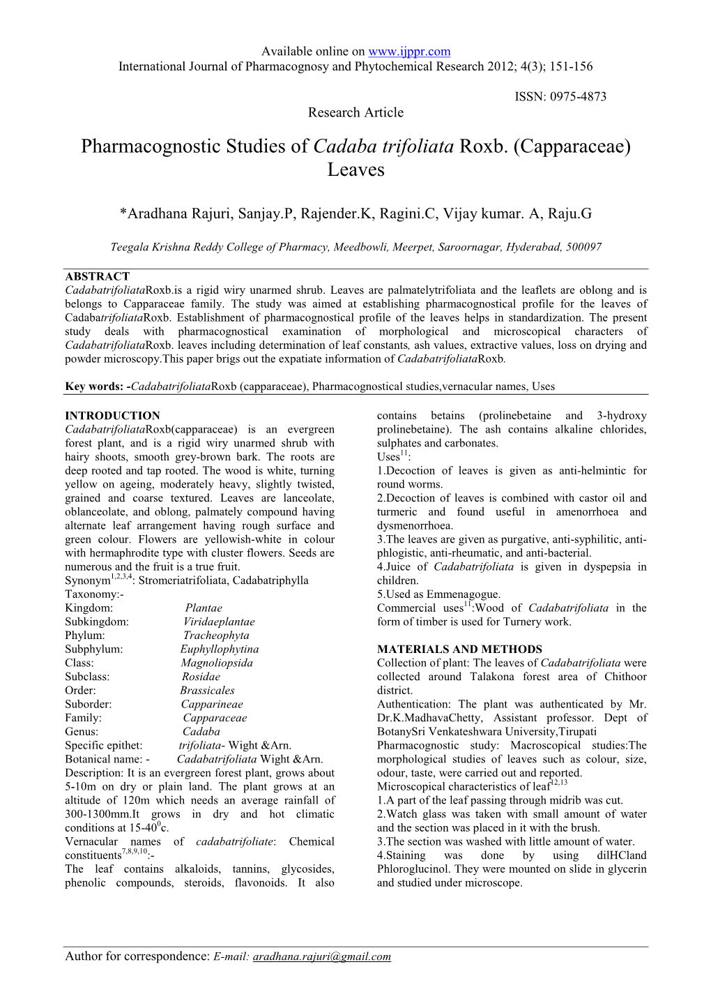 Pharmacognostic Studies of Cadaba Trifoliata Roxb. (Capparaceae) Leaves