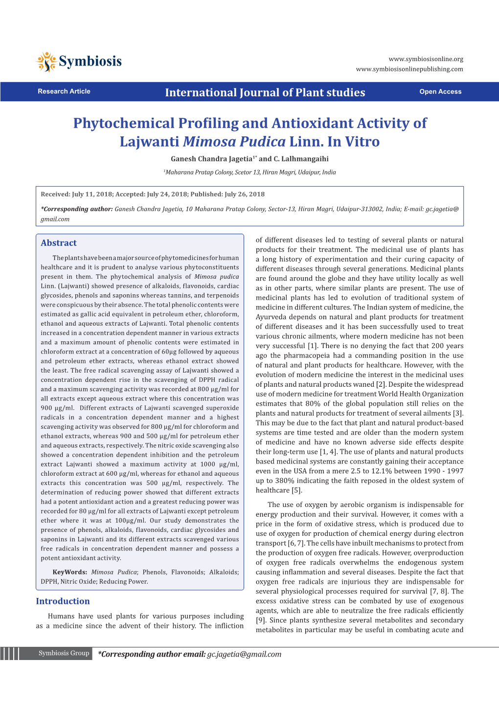 Phytochemical Profiling and Antioxidant Activity of Lajwanti Mimosa Pudica Linn