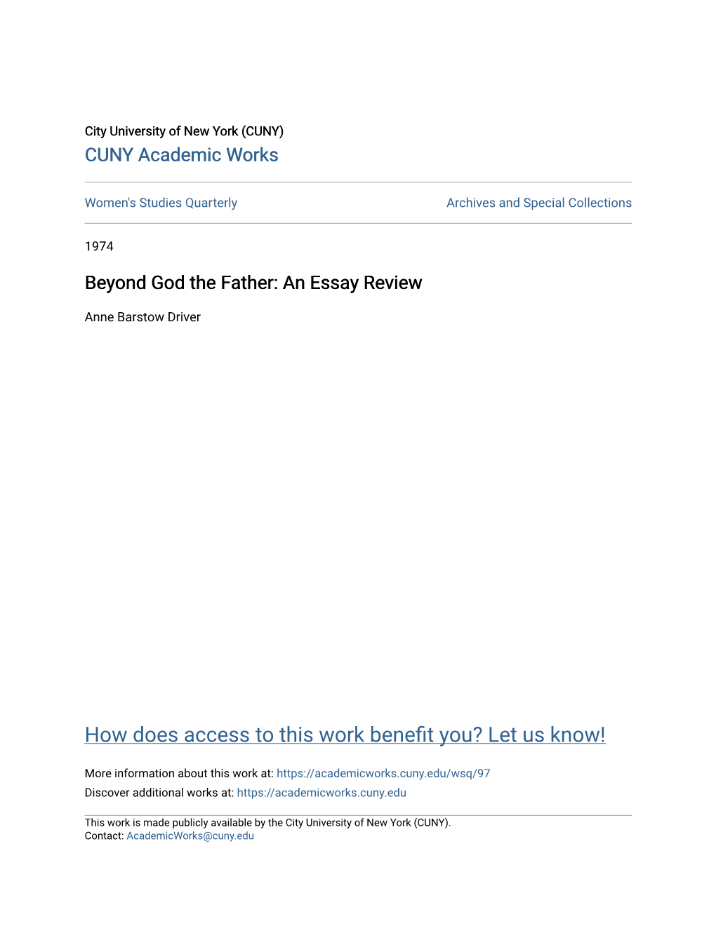 Beyond God the Father: an Essay Review