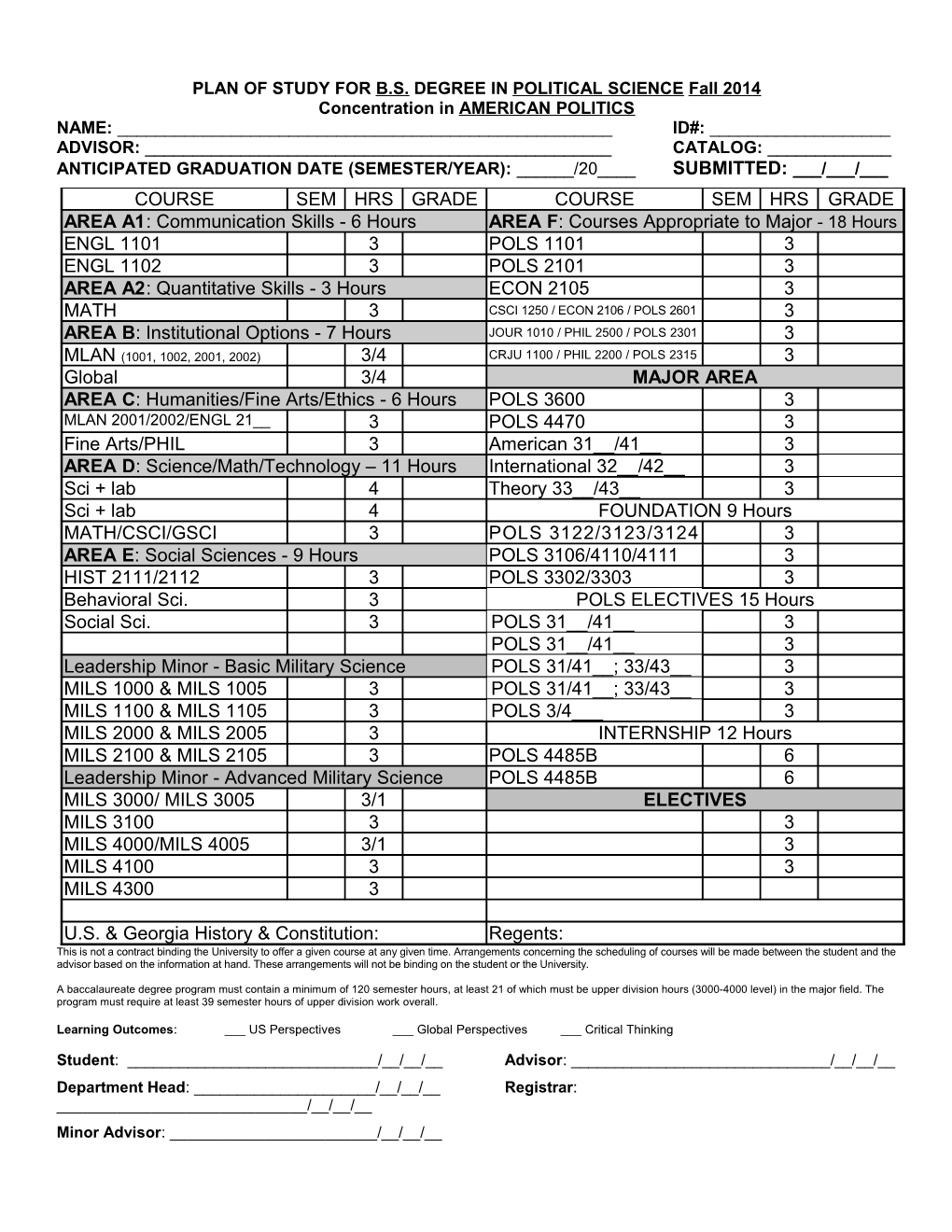 PLAN of STUDY for B.S. DEGREE in POLITICAL SCIENCE Fall 2014