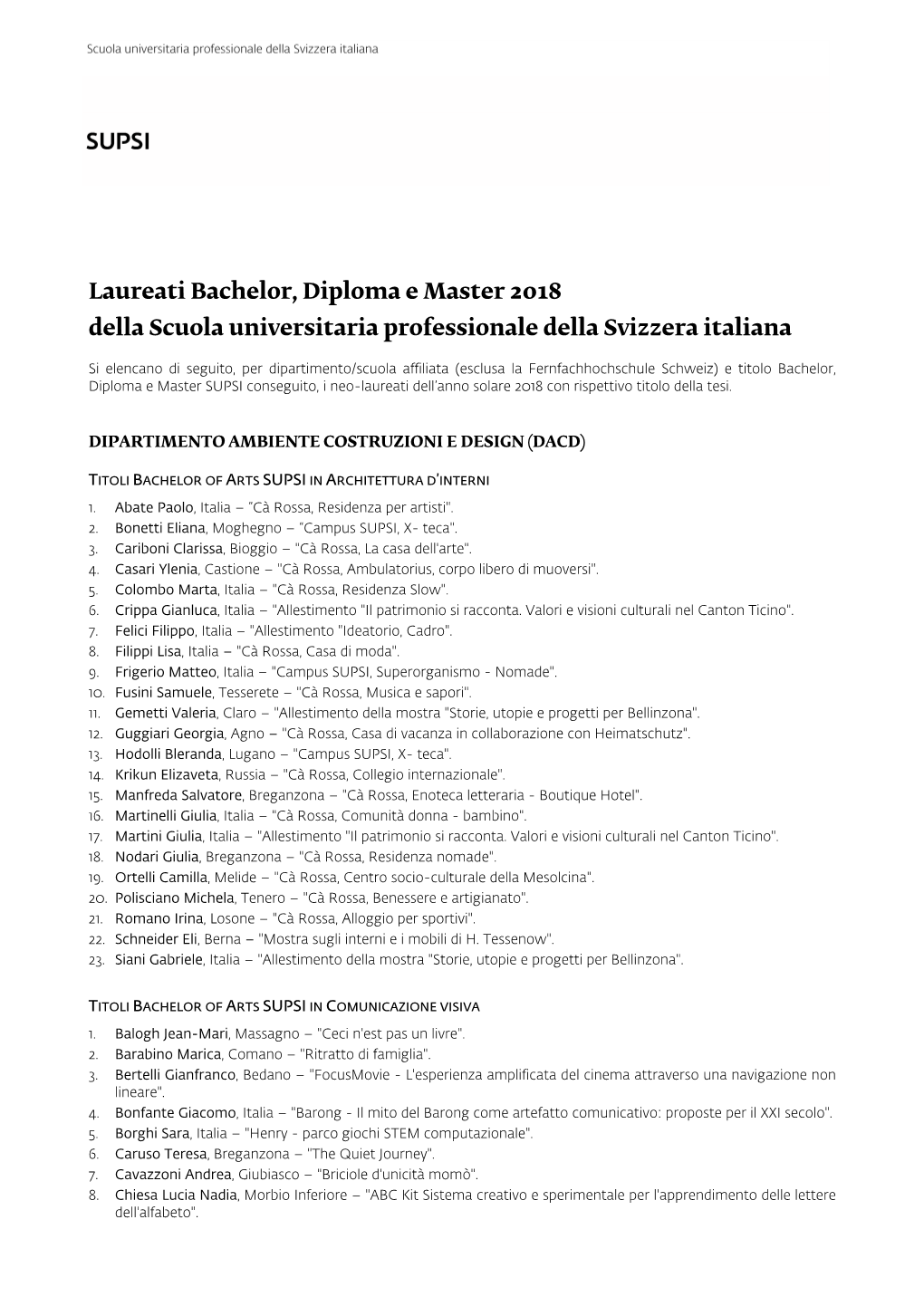 Laureati Bachelor, Diploma E Master 2018 Della Scuola Universitaria Professionale Della Svizzera Italiana