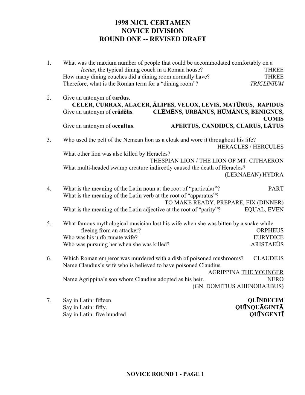 1998 Njcl Certamen Novice Division Round One -- Revised Draft