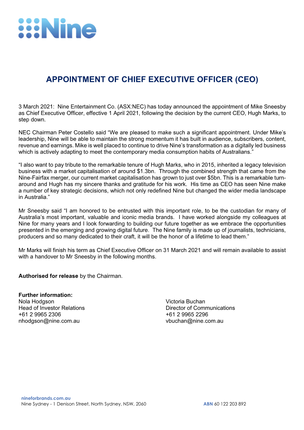 Appointment of Chief Executive Officer (Ceo)