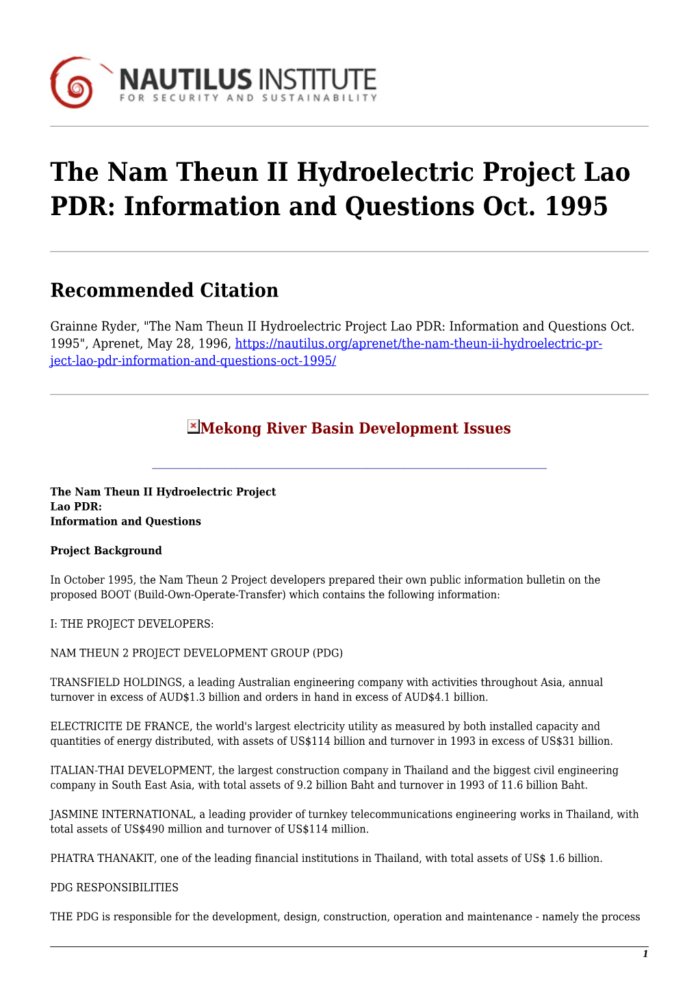 The Nam Theun II Hydroelectric Project Lao PDR: Information and Questions Oct