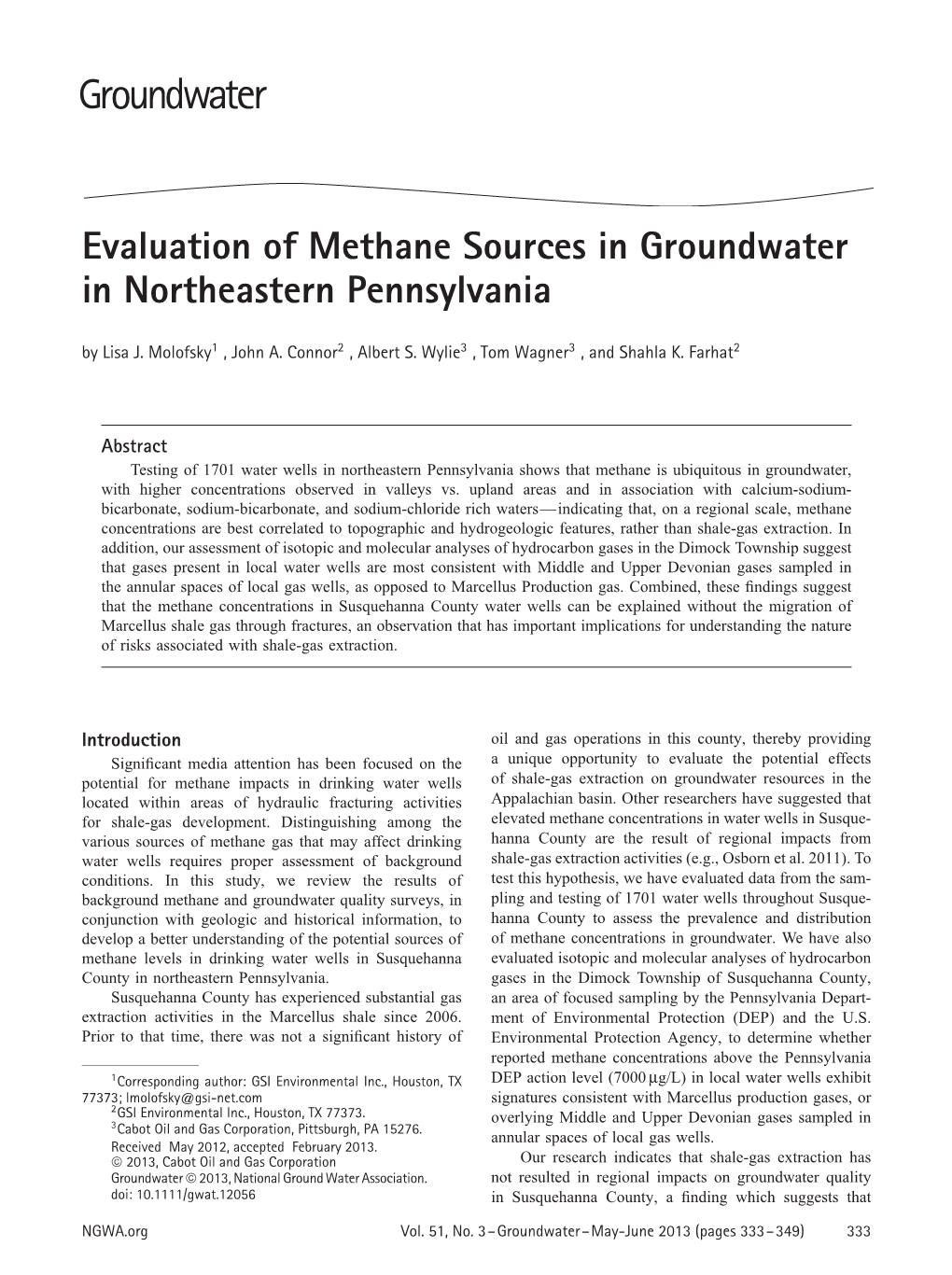 Evaluation of Methane Sources in Groundwater in Northeastern Pennsylvania by Lisa J