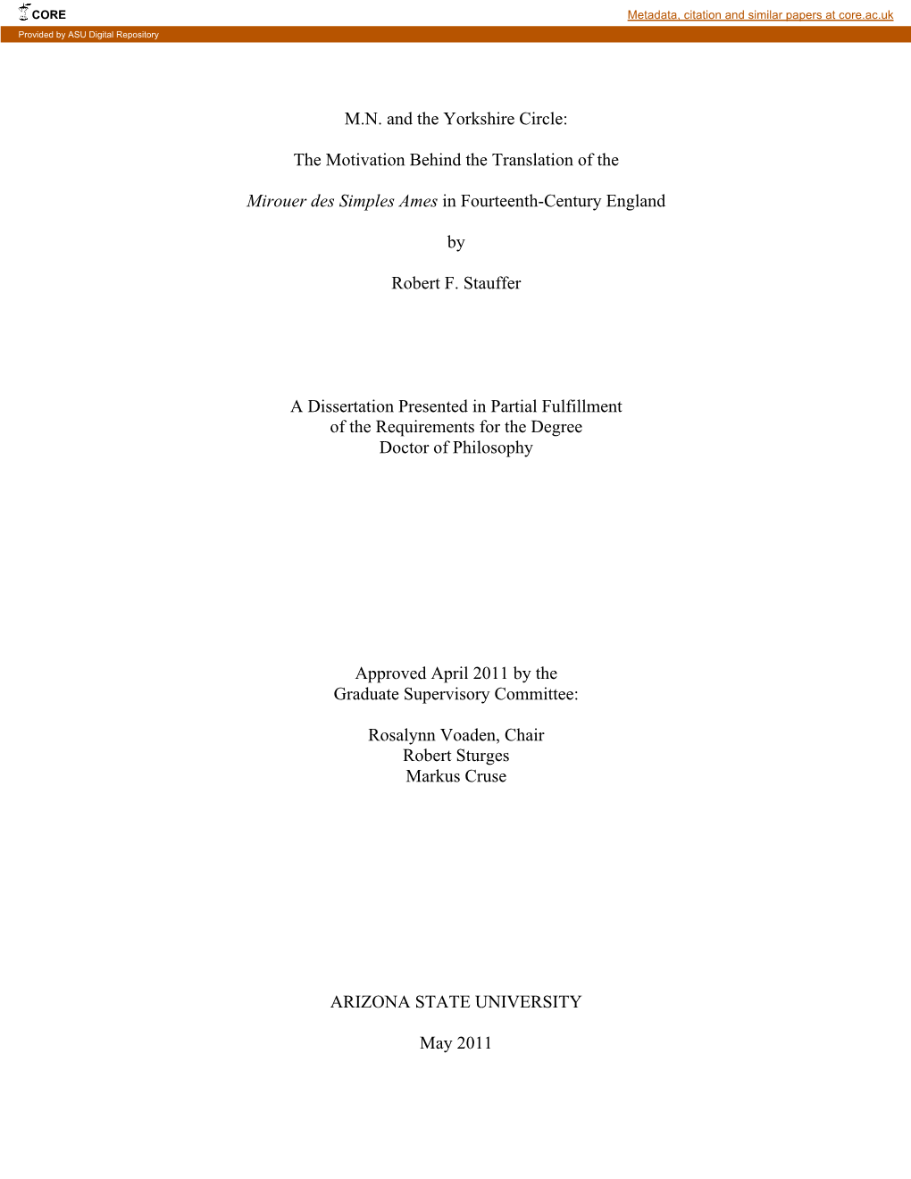 M.N. and the Yorkshire Circle: the Motivation Behind the Translation of the Mirouer Des Simples Ames in Fourteenth-Century