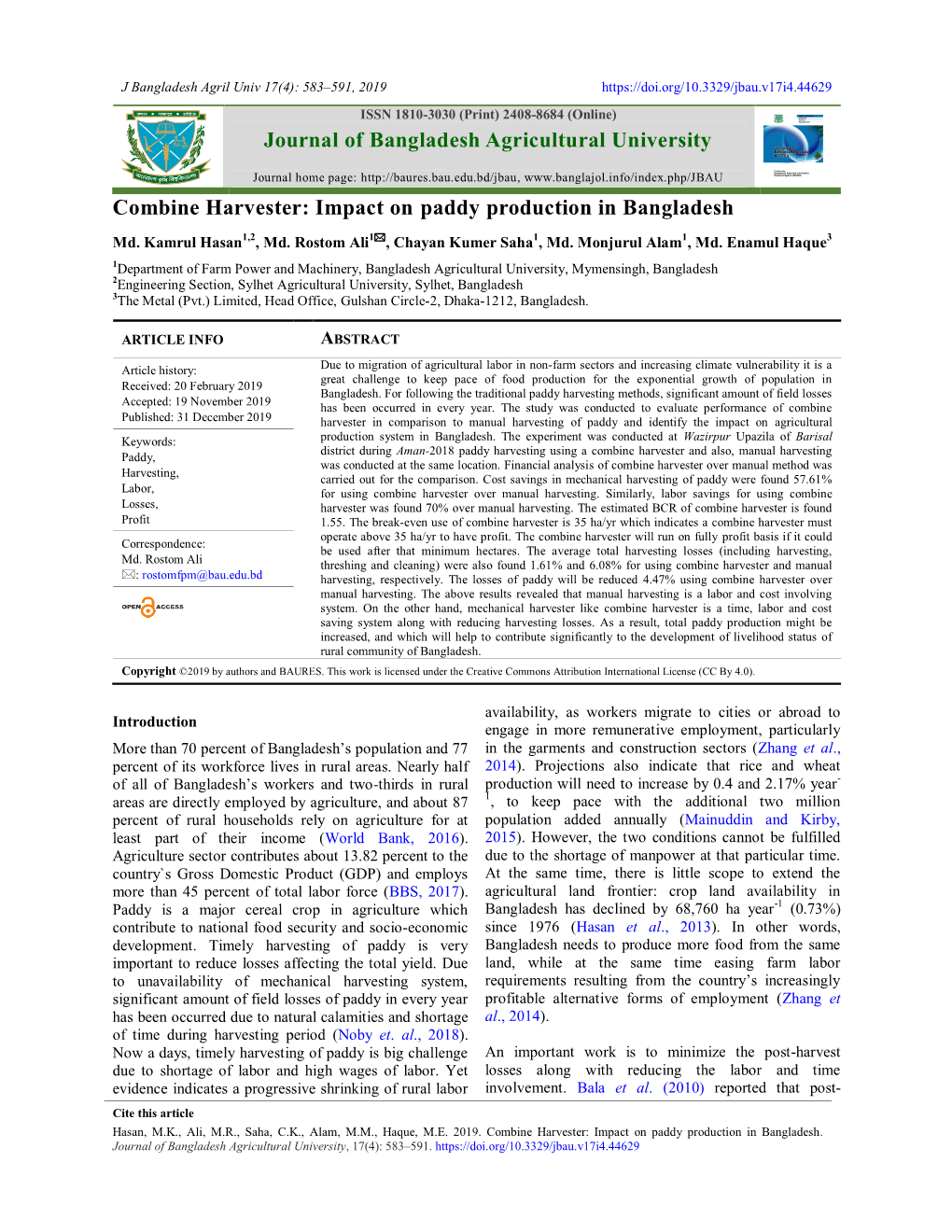 Combine Harvester: Impact on Paddy Production in Bangladesh