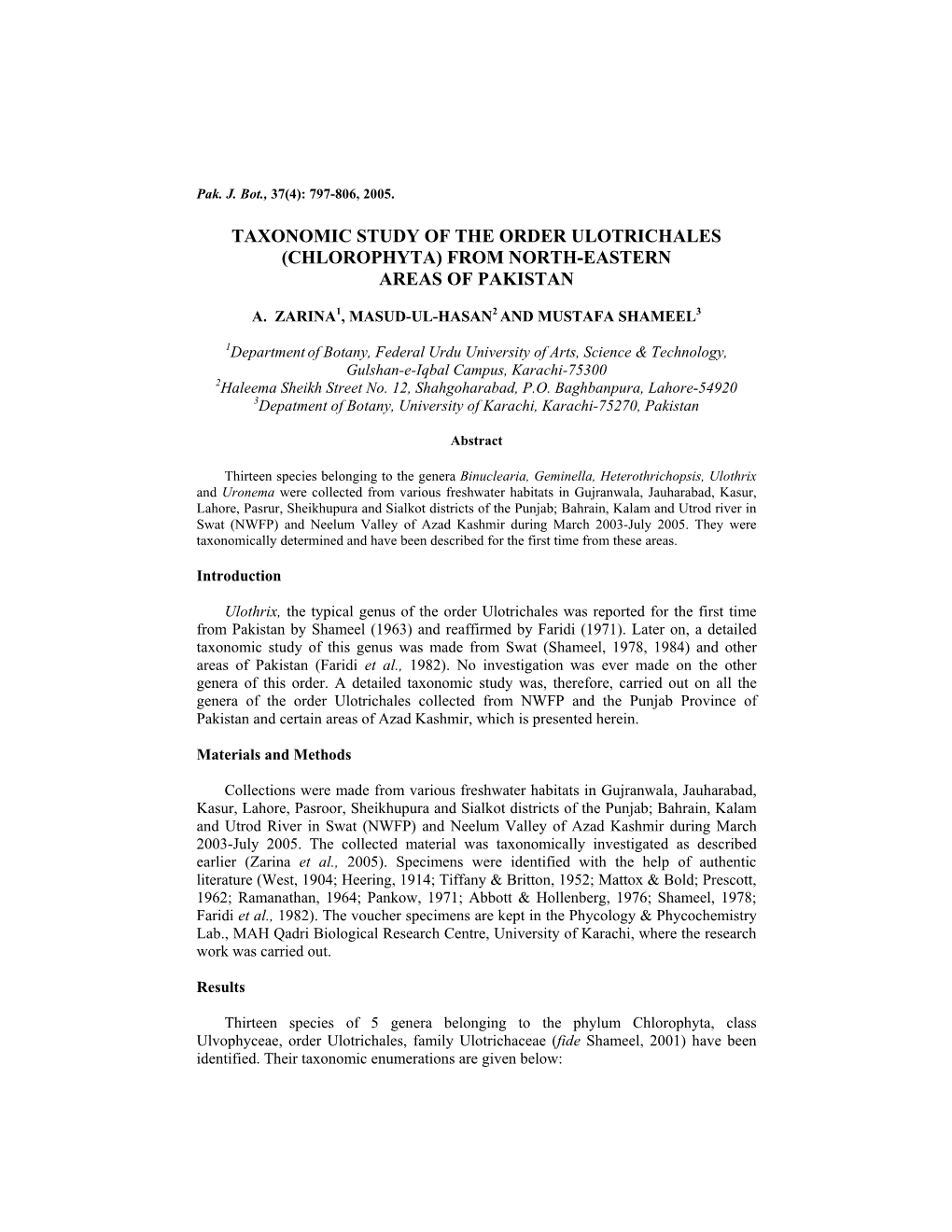 Taxonomic Study of the Order Ulotrichales (Chlorophyta) from North-Eastern Areas of Pakistan