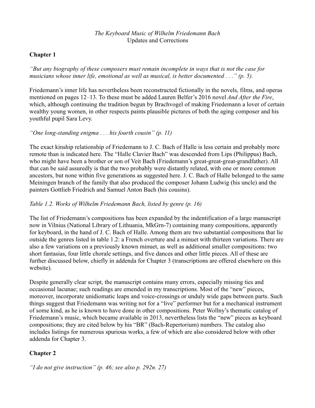 The Keyboard Music of Wilhelm Friedemann Bach Updates and Corrections Chapter 1 “But Any Biography of These Composers Must