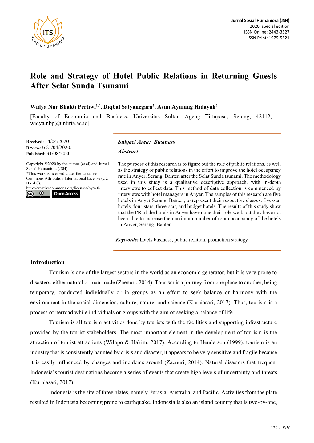 Role and Strategy of Hotel Public Relations in Returning Guests After Selat Sunda Tsunami