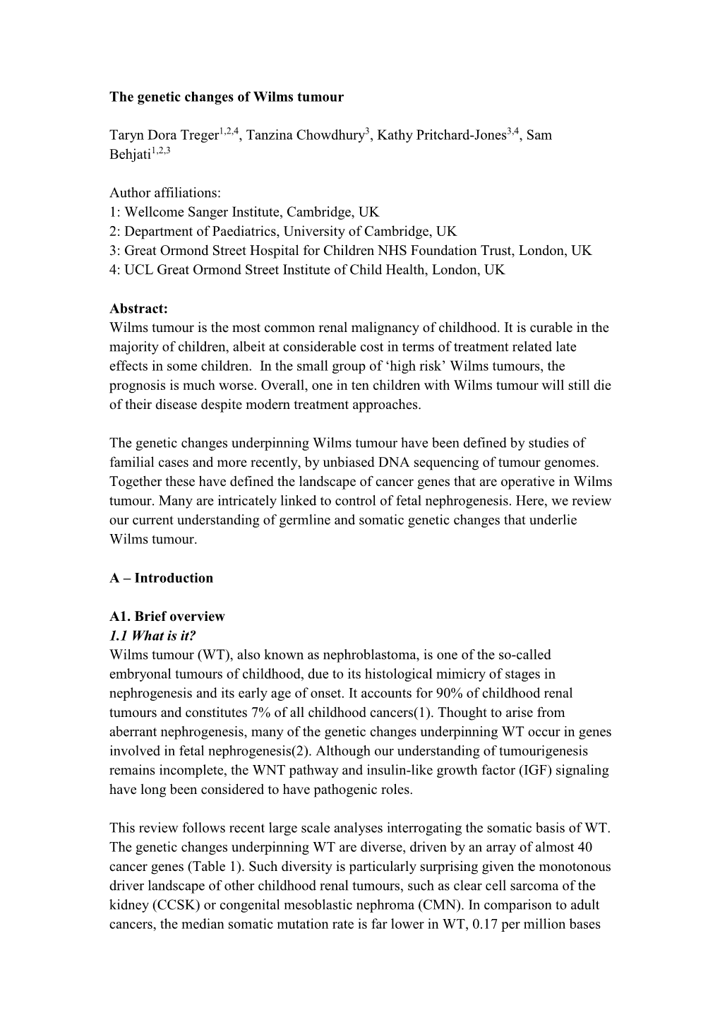 The Genetic Changes of Wilms Tumour