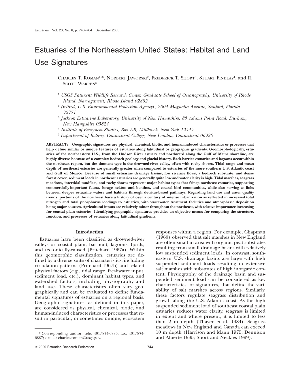 Estuaries of the Northeastern United States: Habitat and Land Use Signatures