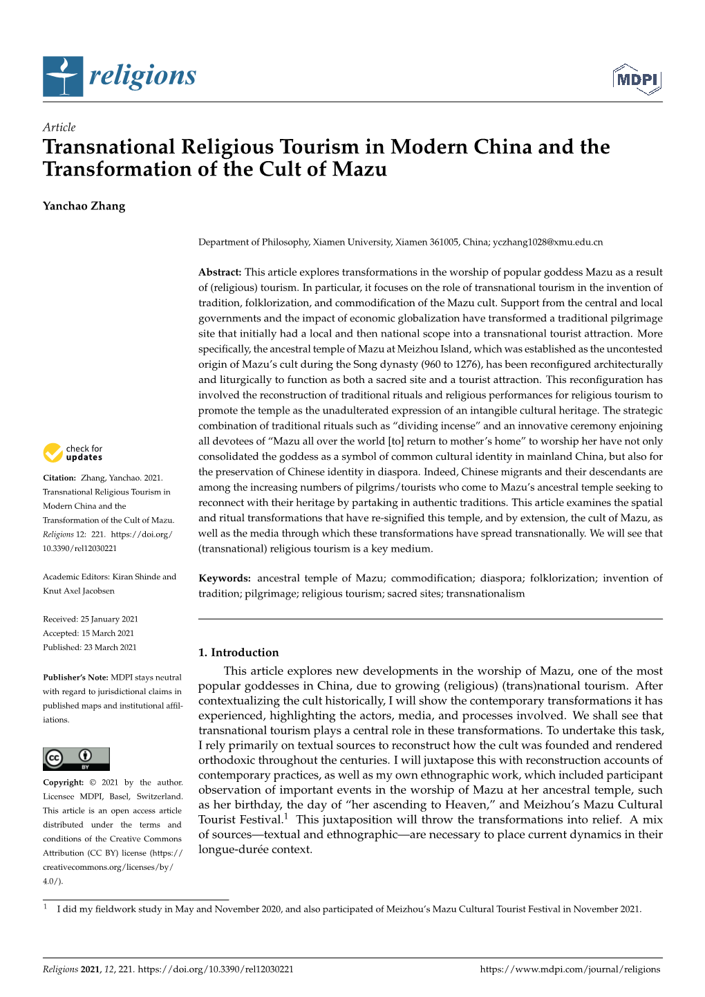 Transnational Religious Tourism in Modern China and the Transformation of the Cult of Mazu