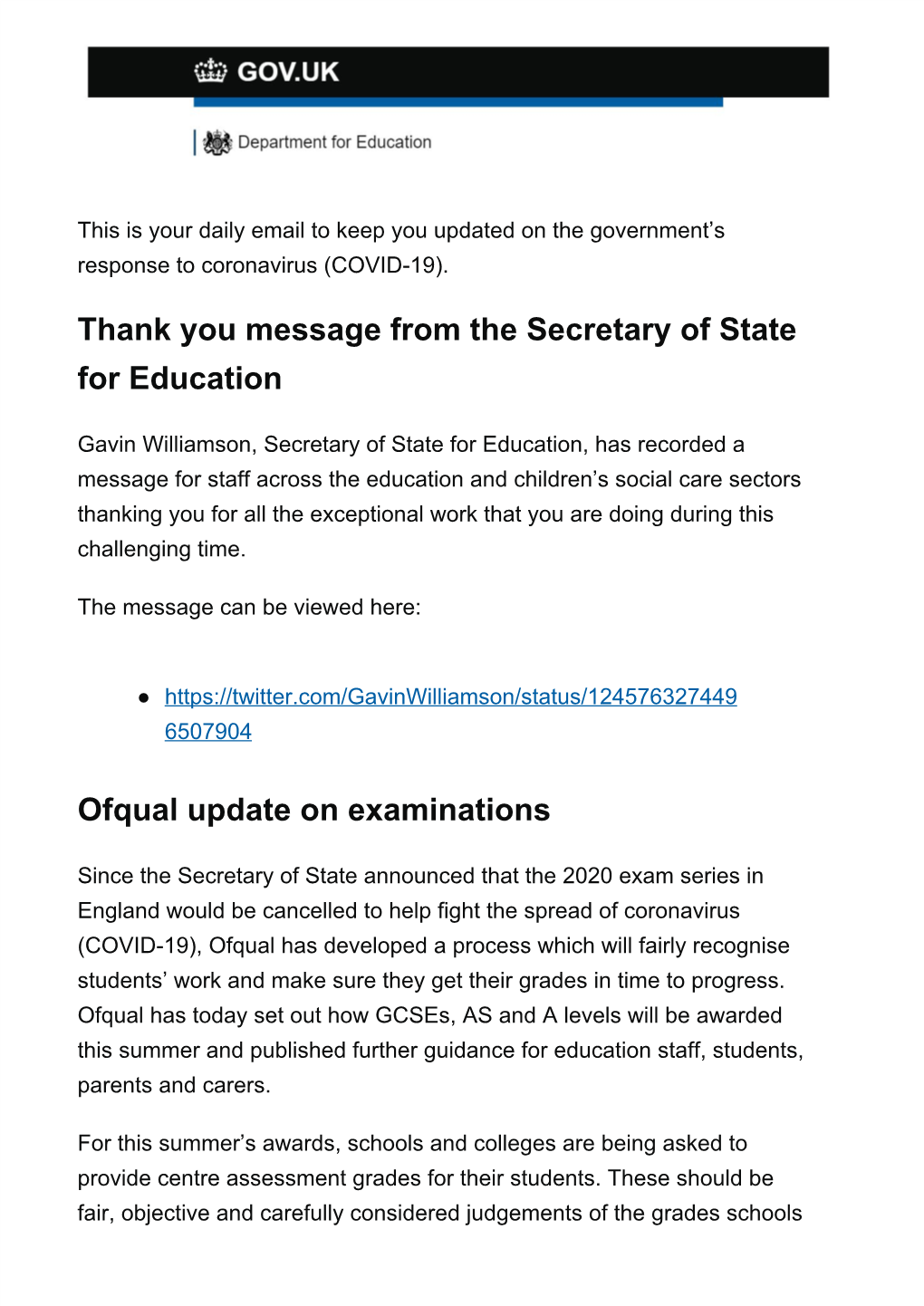 Thank You Message from the Secretary of State for Education