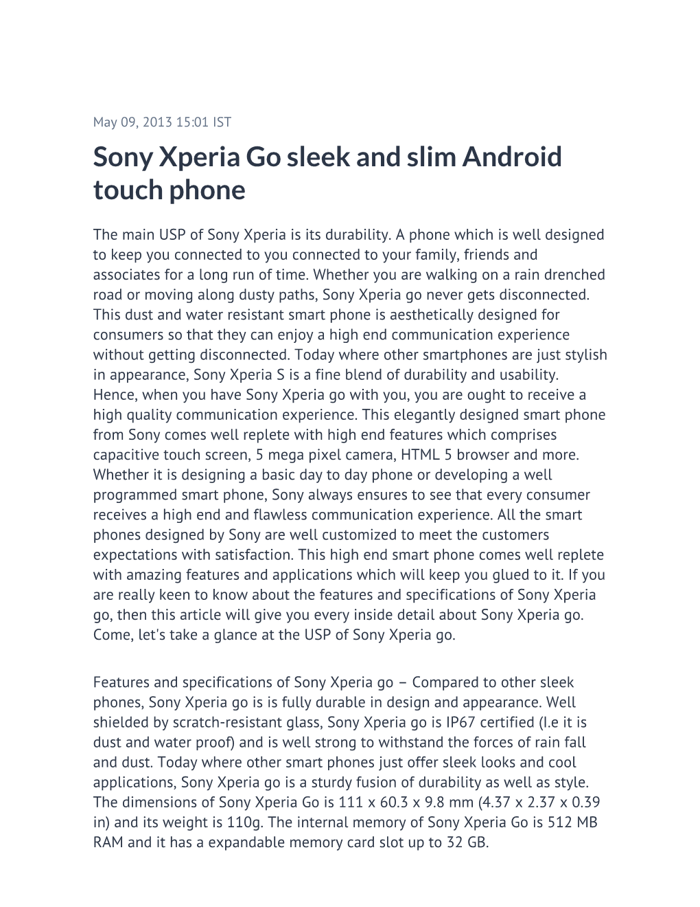 Sony Xperia Go Sleek and Slim Android Touch Phone