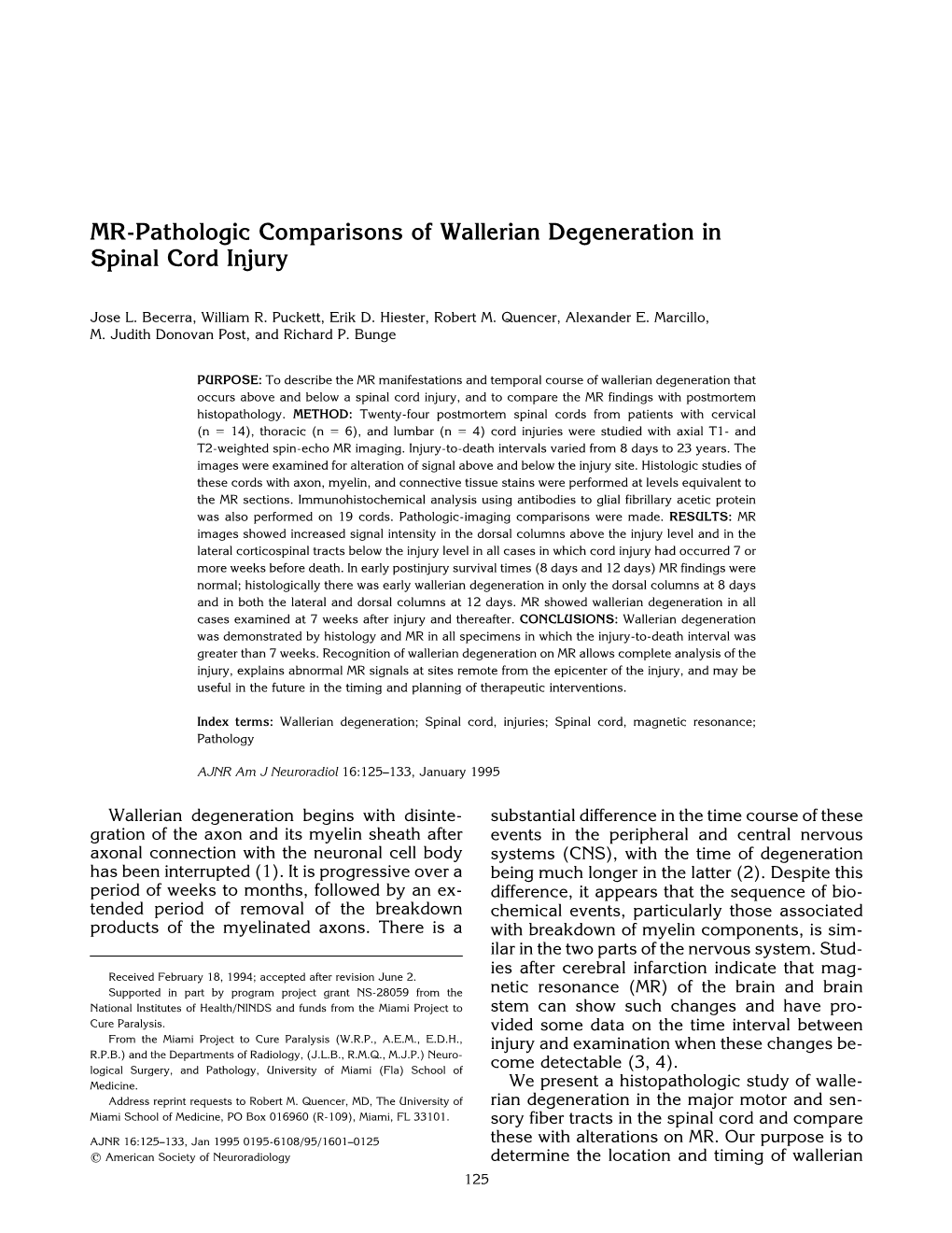 MR-Pathologic Comparisons of Wallerian Degeneration in Spinal Cord Injury