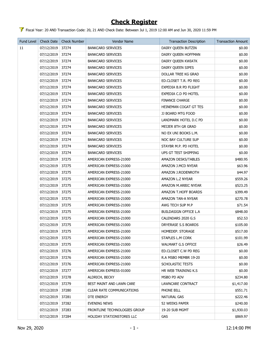 Check Register Fiscal Year: 20 and Transaction Code: 20, 21 and Check Date: Between Jul 1, 2019 12:00 AM and Jun 30, 2020 11:59 PM