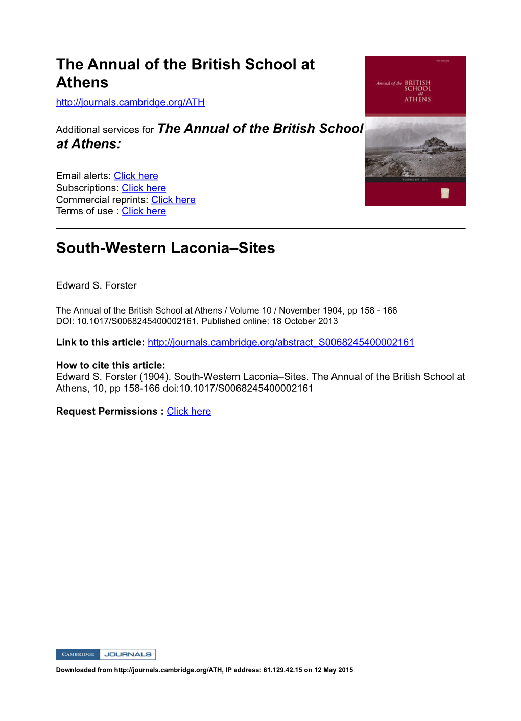 The Annual of the British School at Athens South-Western Laconia–Sites