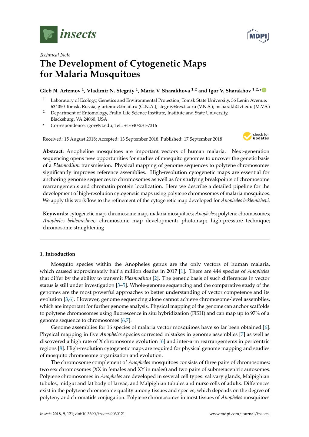 The Development of Cytogenetic Maps for Malaria Mosquitoes
